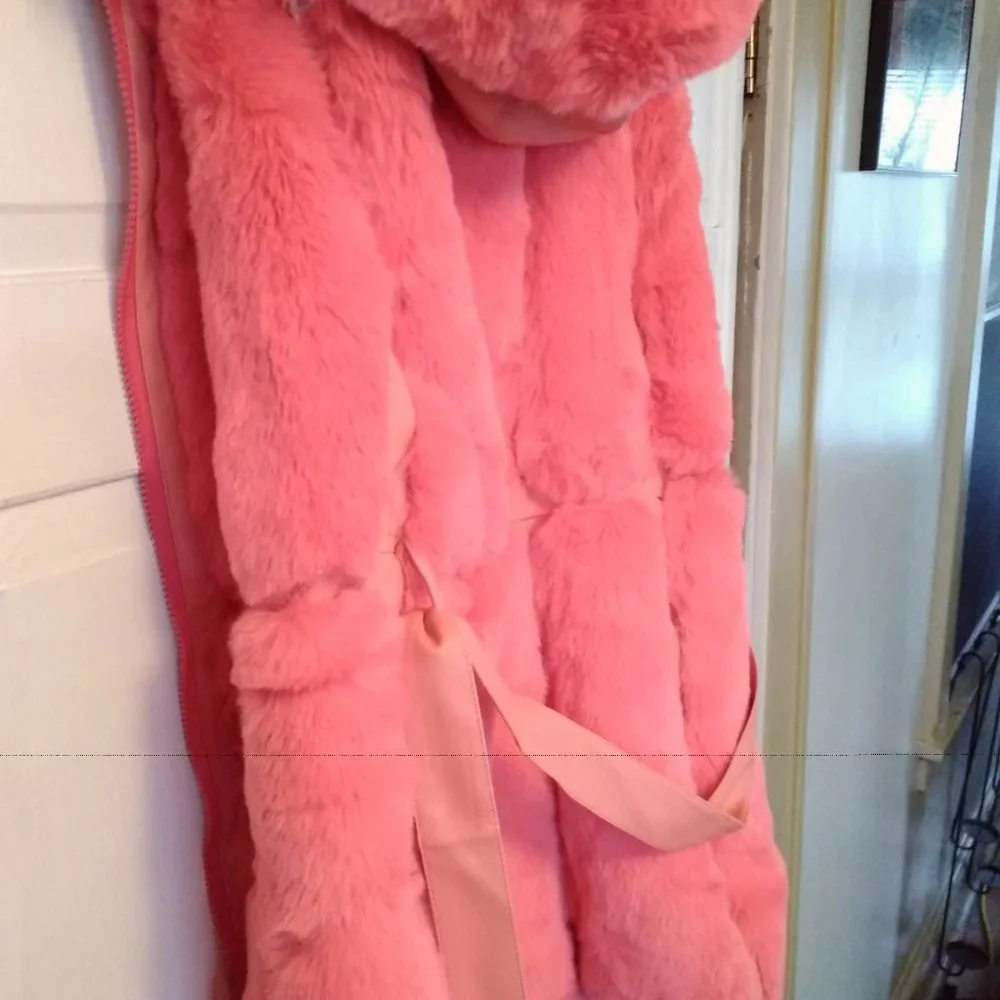 Vintage Austin Powers J&X Pink Long Shawl Faux Fur Hooded Sleeveless Jacket - Picture 6 of 9